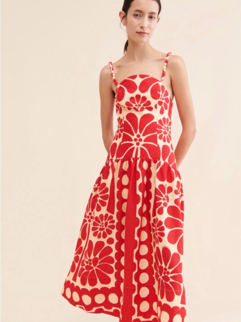 Farm Rio Floral Spaghetti-Strap Midi Dress with beaded straps.
